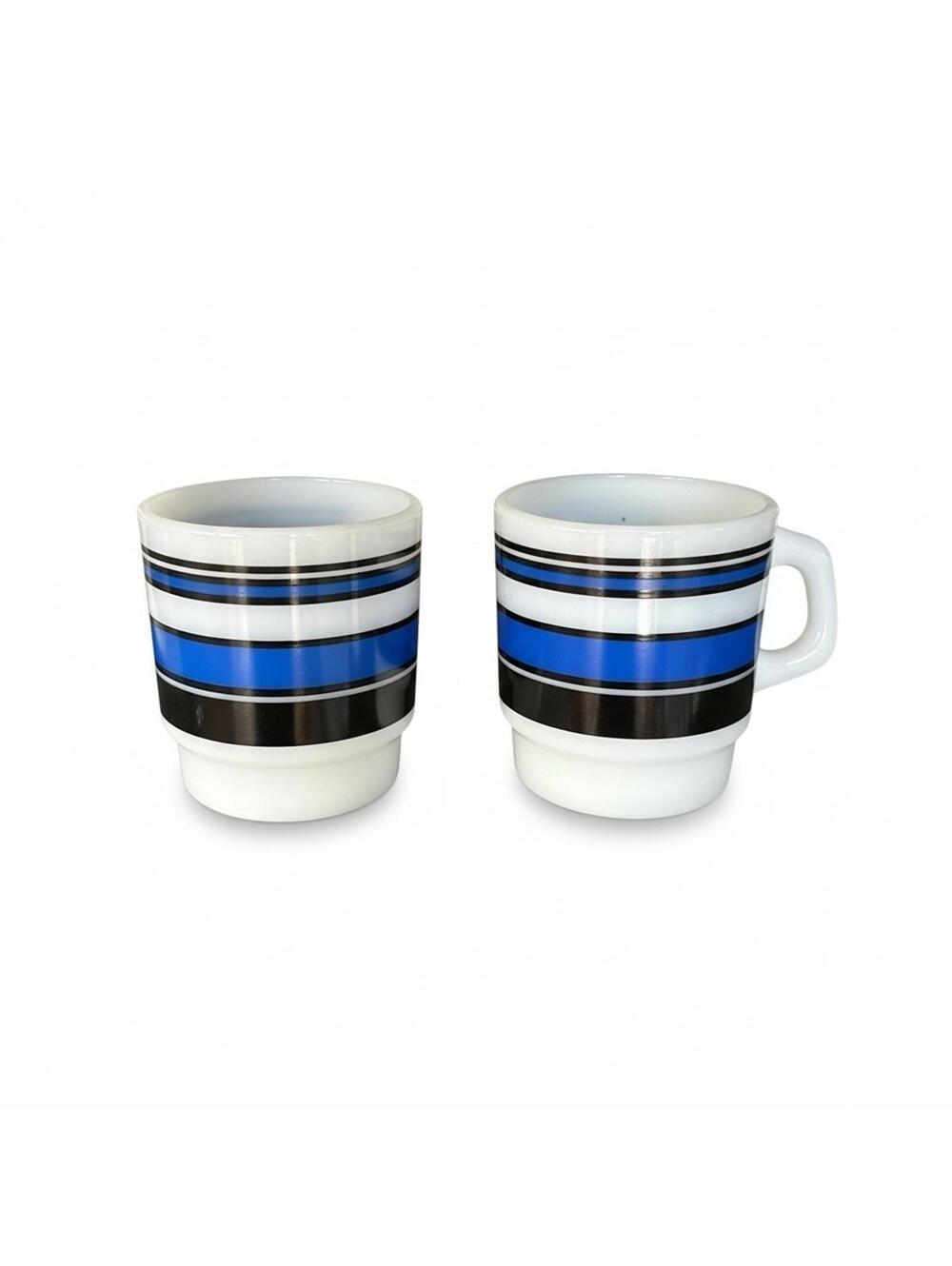 Pair Vintage Fire-King Anchor Hocking Striped Coffee Mugs Blue Black White